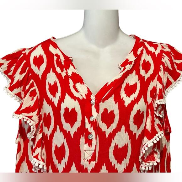 Jodifl Women’s Large Red and White Gauze like Summer Dress with Ruffle Sleeves - Picture 3 of 10